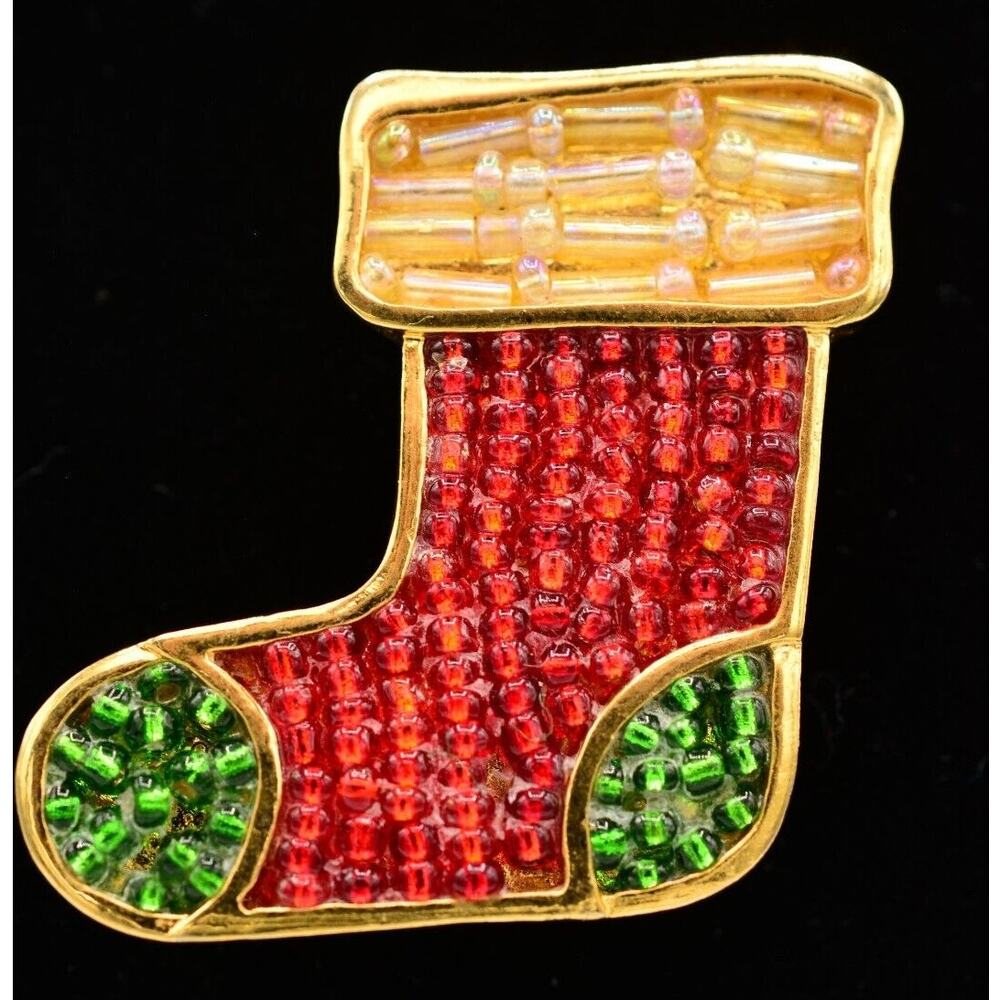 Vintage Christmas Stocking Pin Brooch Beaded Multi-Color Gold Tone 1990s Bin4
